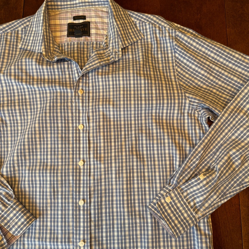Jos. A. Bank Shirt Mens XL Blue Reserve Tailored Fit Cotton Cashmere Gingham